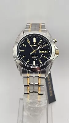 New Seiko Kinetic Watch Men Two Tone Black Dial Day/Date 36mm 5M62-0AH0 • $260