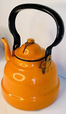 Vintage Orange Enamel Teapot W Handled Lid Black Metal Handle • $9.46