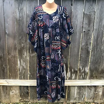 Vintage Go Softly Long Caftan Zip Robe Maxi Dress Butterfly Sleeves Women's L • $49.99