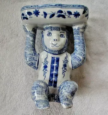 Vintage Chinoiserie Monkey Blue & White Ceramic Soap Dish Trinket Dish • $79.99