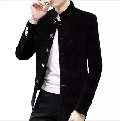 Mens Slim Fit Velvet Jacket Chinese Tunic Suit Jacket Stand Collar Coat Casual • $29.66