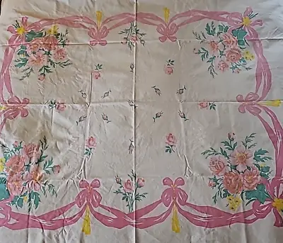 Vintage 50's Design Print Tablecloth Pink Ribbon Roses Heavy Cotton 52  X 67  • $38.96