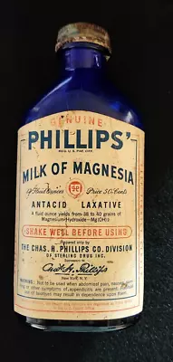 Vintage Gen Phillips Milk/Magnesia Cobalt Blue  Bottle W/Metal Cap/Paper Label • $9