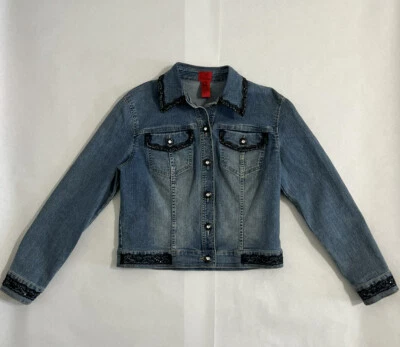 $17.10 • Buy V Cristina Sz PM Blue Jean Denim Bomber Jacket W/ Black Lace Flower Embroidered