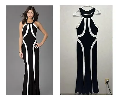 Faviana Homecoming Bridemaids Prom Long Gown Black & White Halter Gown Size 6 • $90