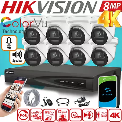 8MP HIKVISION CCTV 4K NVR COLORVU IP POE OUTDOOR 2-Way AUDIO CAMERA SYSTEM KIT • £308