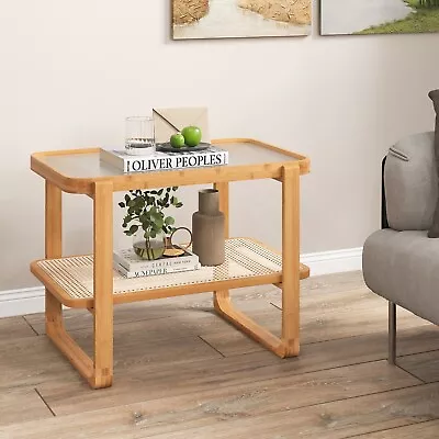 Modern Bamboo Side Table W/ Rattan Shelf 2-tier Glass Top End Table Nightstand • £69.95