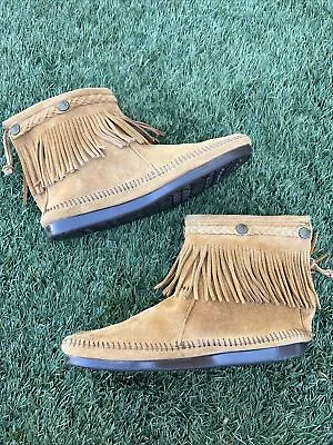 Minnetonka Suede Fringe Conchos Moccasins Boho Hippie Ankle Booties Size 9 • $27.99