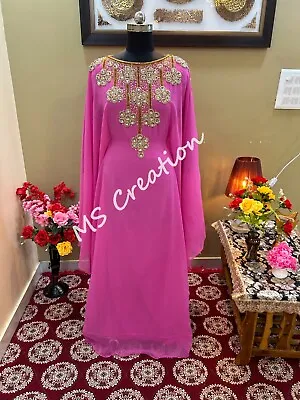 SALE New Pink Moroccan Dubai Kaftans Abaya Cristal Work Very Fancy Long Gown 409 • $53.99