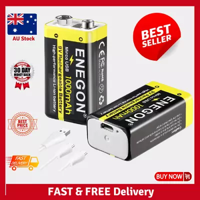 ENEGON 2 Pack 9V Rechargeable Li-Ion Batteries 1000Mah With 2-In-1 USB Charging • $32.99