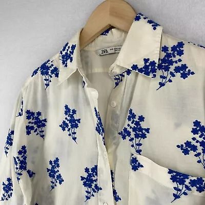 ZARA Top Womens XS Floral Embroidered Button Front 3/4 Sleeve Cotton White • $22.99