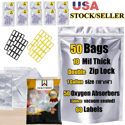 $16.99 • Buy Smell Proof 10 Mil Thick Mylar Bag 1 Gallon W/ Oxygen Absorber 500cc Resealable