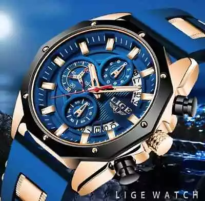 Mens LIGE Luxury Watch Chronograph Waterproof Sports Fashion Design Wristwatch • £12.99