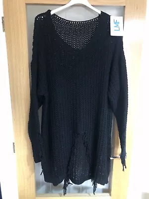 LAGENLOOK 16/22 Black Crochet Patterned Knit Cardigan 25” Acr 40’ Long • £14.99