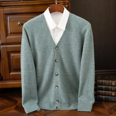 Winter 100% Wool Sweater Men's V-Neck Loose Cardigan Thermal Base Knitwear Tops • $40.41