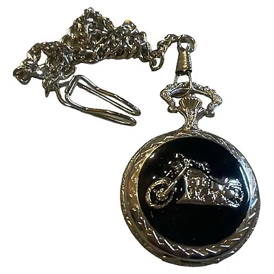 NOS SILVER & BLACK CASE WHITE FACE QUARTZ POCKET WATCH MOTORCYCLE W/Chain • $10