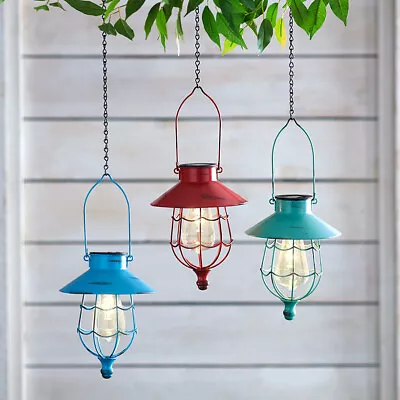 Hanging Solar LED Caged Lantern Light Rustic Distressed Finish Outdoor Lighting • $25.53