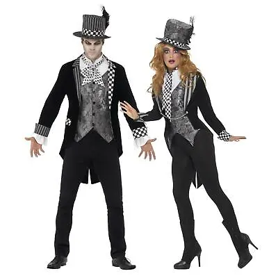 Delux Dark Mad Hatter Costume Mens Ladies Halloween Alice Couples Fancy Dress • £28.84