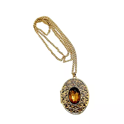 Vintage AVON Perfume Locket Pendant Necklace Brooch Amber Rhinestone Gold Tone • $14.95