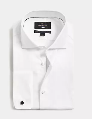 M&S SARTORIAL Slim Fit Easy Iron Herringbone White Shirt 14.5  • £45