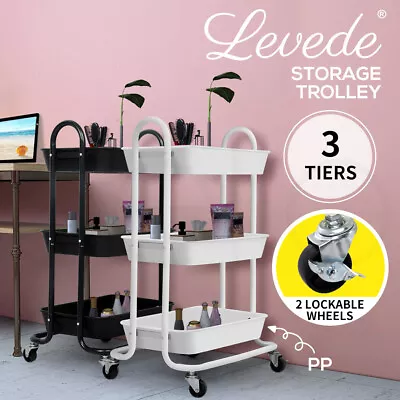 Levede 3 Tiers Kitchen Storage Trolley Cart Steel Rack Shelf Organiser Wheels • $38.99