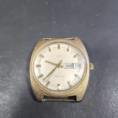 Vintage Timex Electronic Watch Face Mens Gold Tone Steel Date Quartz Dial Parts • $15