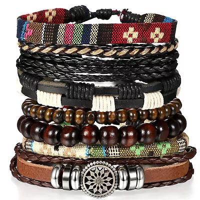 8pcs Set Black Brown Tribal Leather Beaded Cuff Wristband Bracelet Men Women US • $12.99