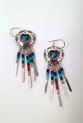 Vtg TK Navajo Sterling Silver Pierced Heart Earrings W/ Mosaic Turquoise Coral • $44