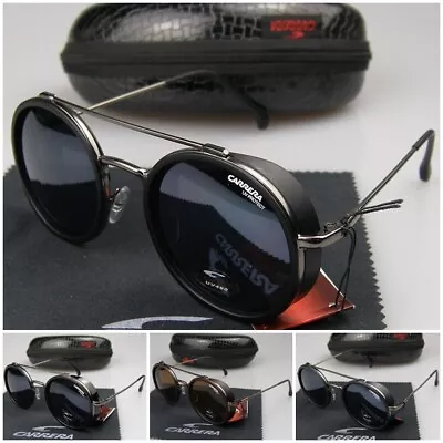 Men Women Retro Sunglasses Matte Black Metal Round Frame Carrera Glasses+Box C39 • $24.88