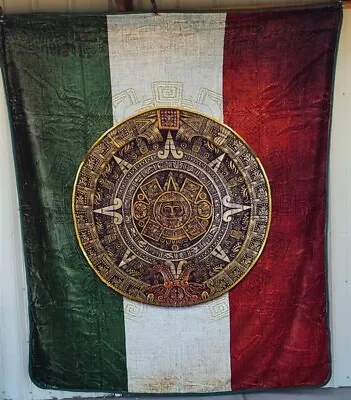 Aztec Calendar Sunstone Mexican Flag Mexico Queen Size Blanket Bedspread • $60.87