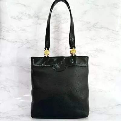 GIANNI VERSACE Leather Tote Bag Black With Sun Emblem Large Capacity • $512.49