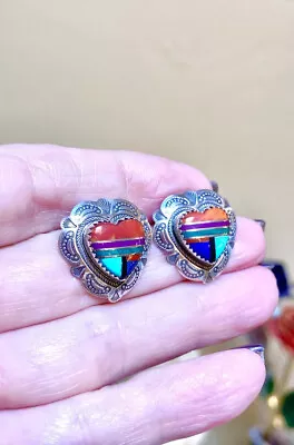 Southwestern Designer Signed Sterling Silver & Inlay Ornate Heart Earrings • $58