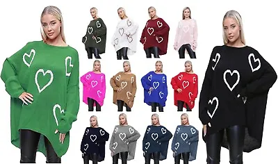 £14.99 • Buy Women Heart Print Knitted Oversized Lagenlook Jumper Ladies Sweater Hi Lo Top UK