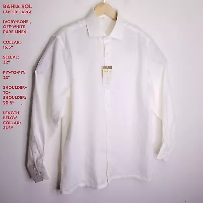 NEW Bahia Sol Men LARGE Ivory-Bone Pure Linen Casual Dress Button Up Shirt • $22.88