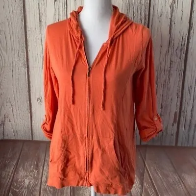 J Jill Womens Sweat Shirt Size XS Orange Cotton Slub Hoodie Oversized 3/4 Sleeve • $13.59