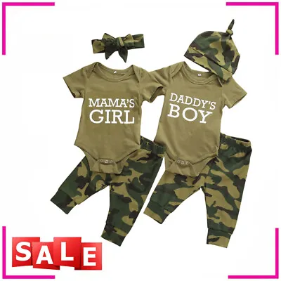 3Pcs Newborn Baby Boys Girl Clothes Set Romper Bodysuit Tops Camo Pants Outfits • $28.36