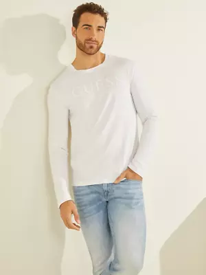 GUESS Men's T Shirt M2RI01J1311 FRONT Logo White Long Sleeve Slim Fit • £36.99