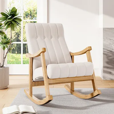 Beige Upholstered High Back Rocking Chair Fireside Relaxing Wood Rocker Armchair • £158.95