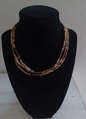 Vintage 90's Y2K Early 2000's Brown 3 Strand Choker Necklace W Seed Bead & Wood • $14.99