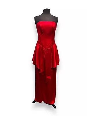 Vintage 80s Red Silk Peplum Style Evening Dress Size 10 - Prom • £22