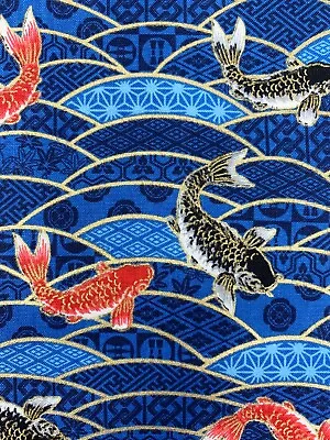 £5.16 • Buy Fish Fabric, Oriental Koi Carp, Japanese Blue Gold Cotton, Chinese Asian