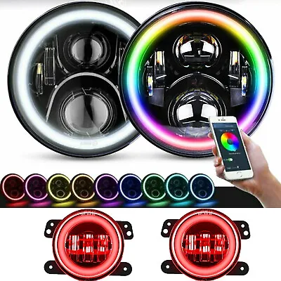 $119.99 • Buy 7  Inch RGB LED Halo Headlight + 4  Fog Lights Combo Kit For Jeep Wrangler JK TJ