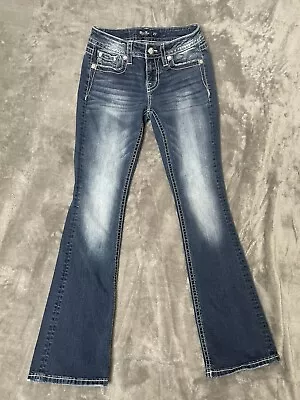 Miss Me Mid-Rise Easy Boot Cut Dark Wash Wings Pocket Embellished Jeans Sz 27 • $29.99