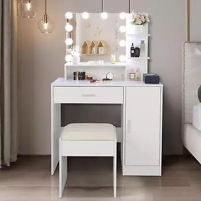 Vanity Table With 10 Dimmable Lighted Mirror Drawer And Shelves For Women Makeup • $141.98