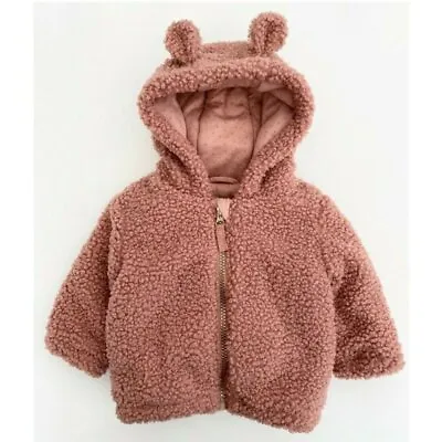 Baby Girls Pink Teddy Bear Ears Hooded Fleece Jacket Coat Age 3-9 Months George • £11.95