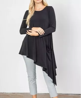 Sz XXL IC Collection Black Soft Knit Side Pocket Asymmetrical Hem Tunic • $44.19