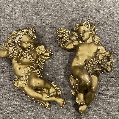 Vintage Gold Cherub Angel Pair Wall Decor - Universal Statuary Corp 1951 MCM 3D • $50