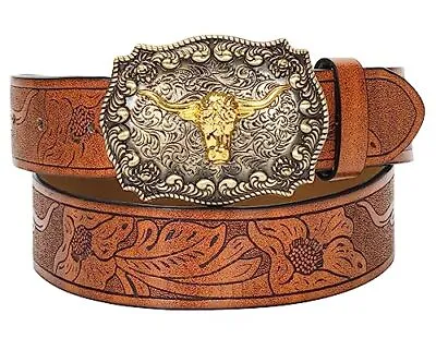 Western-Pu-Leather-Belts For Men And Women Cowboy-Cowgirl Longhorn-Bull-Pattern- • $14.22