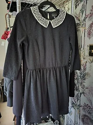 £10 • Buy Topshop, Black Floral Crystal Embellished Mini Skater Dress, Size 10