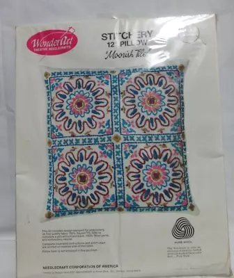 New VTG WonderArt Stitchery 12  Pillow Moorish Tile Embroidery Kit WOOL SEALED • $15.89